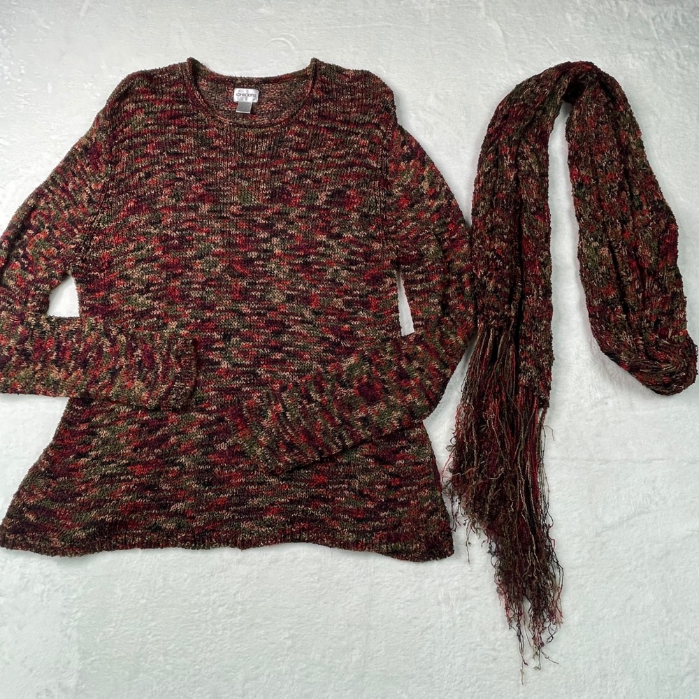 Chico's Sweater Scarf Set Women 3 XL Multicolor Marled Rayon Boho Lagenlook Art